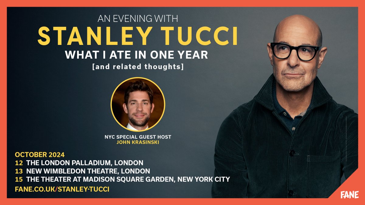 FaneProductions's tweet photo. 🍴 NEW | Let him COOK.

Live in the UK &amp; US, join award-winning actor &amp; food enthusiast Stanley Tucci to celebrate the release of his new book: #WhatIAteInOneYear.

@johnkrasinski will host in New York, @SharonHorgan in London &amp; Wimbledon's host TBA.

🎟️ https://t.co/672Wkw6vWH https://t.co/91ppUdPJWi