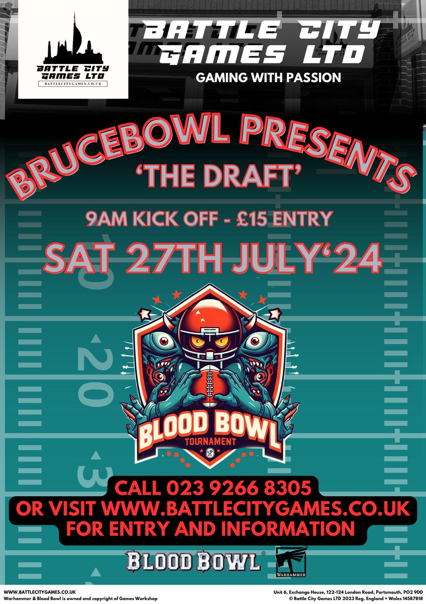 🏆 Brucebowl Presents ‘The Draft’!🏆 Once again, it's draft time in the Blood Bowl world! Aspiring players are looking to get drafted into the Blood Bowl leagues. For more information, visit:
tourplay.net/en/blood-bowl/…

#BloodBowl #Brucebowl #TheDraft #BattleCityGames #Portsmouth
