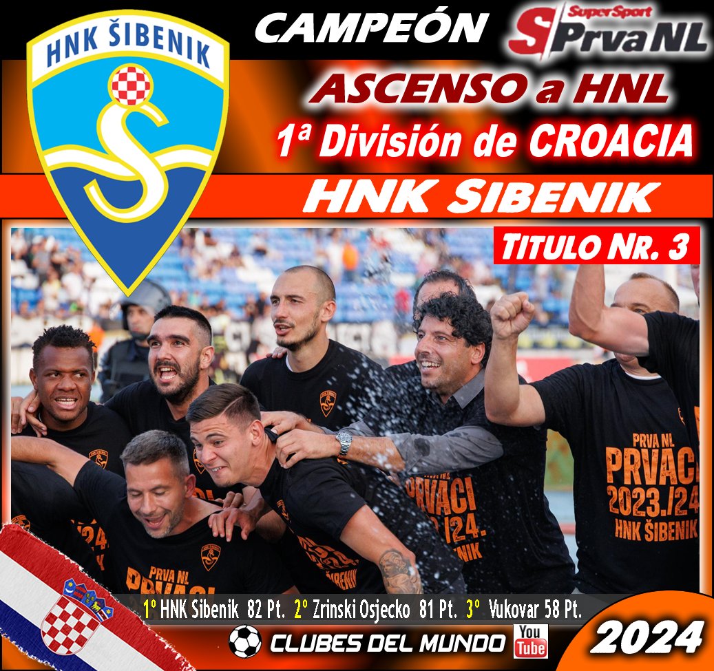 ClubsDelMundo's tweet photo. El HNK SIBENIK conquista por tercera vez el Campeonato de la Segunda División CROATA y asciende automaticamente a la HNL de CROACIA. Enhorabuena.
#HNKSibenik #Sibenik #Croatia #Croacia #Hrvatska #HNL #PrvaNL
@hnk_sibenik https://t.co/kXp044cAT8