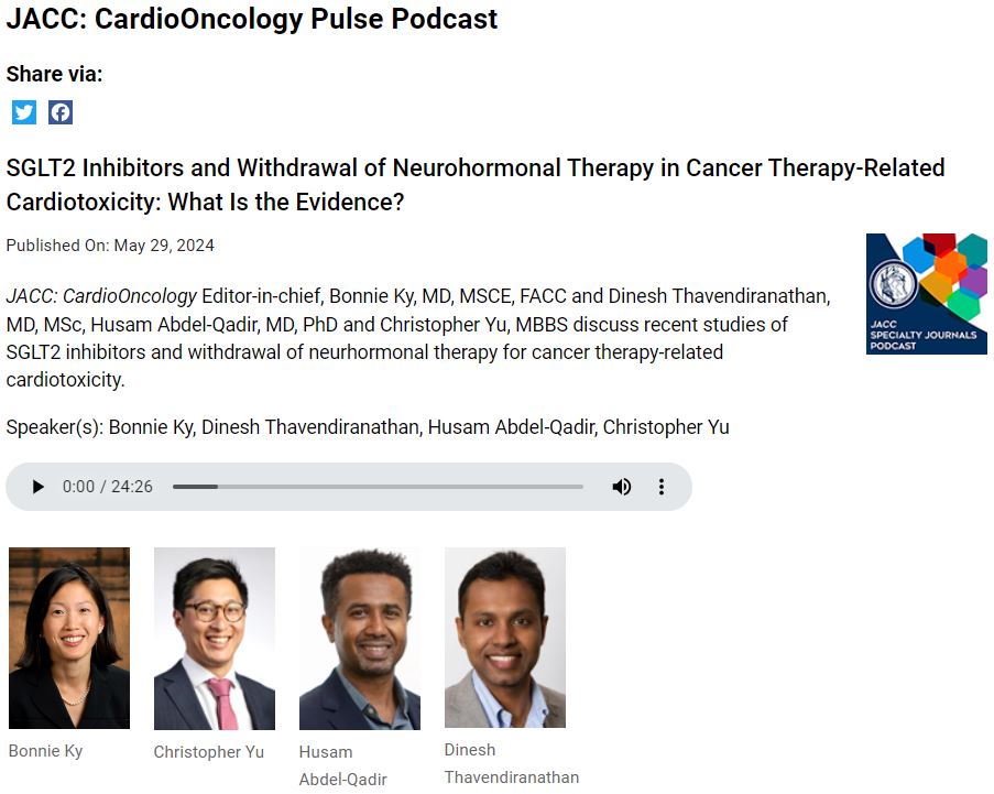 Chris Y (@drchrisyu) on Twitter photo Enjoyed doing my 1st #cardioonc podcast t.ly/Fdxli with <a href="/JACCJournals/">JACC Journals</a> Bonnie Ky <a href="/dineshpmcc1/">dineshpmcc</a> <a href="/husam247/">Husam Abdel-Qadir</a> discussing the evidence on 1. #SGLT2i in pts treated with anthracyclines
2. Withdrawal of NHA Therapy in mild #Cancer Therapy-Related Cardiotoxicity #JACCCardioOnc Enjoyed doing my 1st #cardioonc podcast t.ly/Fdxli with <a href="/JACCJournals/">JACC Journals</a> Bonnie Ky <a href="/dineshpmcc1/">dineshpmcc</a> <a href="/husam247/">Husam Abdel-Qadir</a> discussing the evidence on 1. #SGLT2i in pts treated with anthracyclines
2. Withdrawal of NHA Therapy in mild #Cancer Therapy-Related Cardiotoxicity #JACCCardioOnc