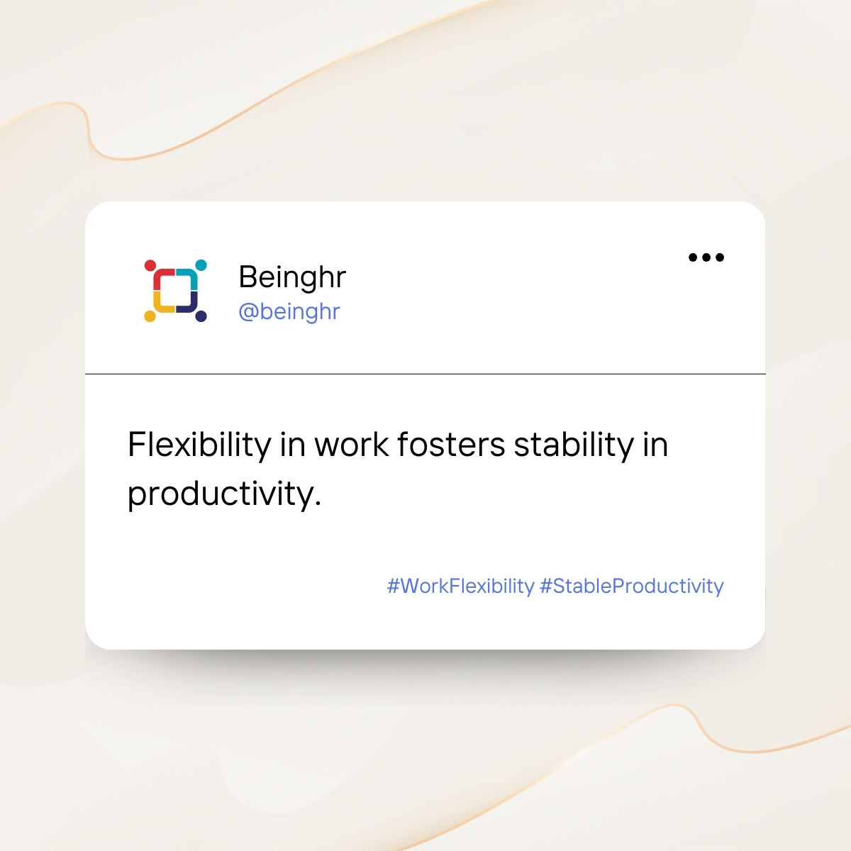 i_beinghr's tweet image. Embracing flexibility at work can lead to more stable and consistent productivity, as employees feel empowered to achieve a work-life balance that suits their needs.
#WorkFlexibility #StableProductivity