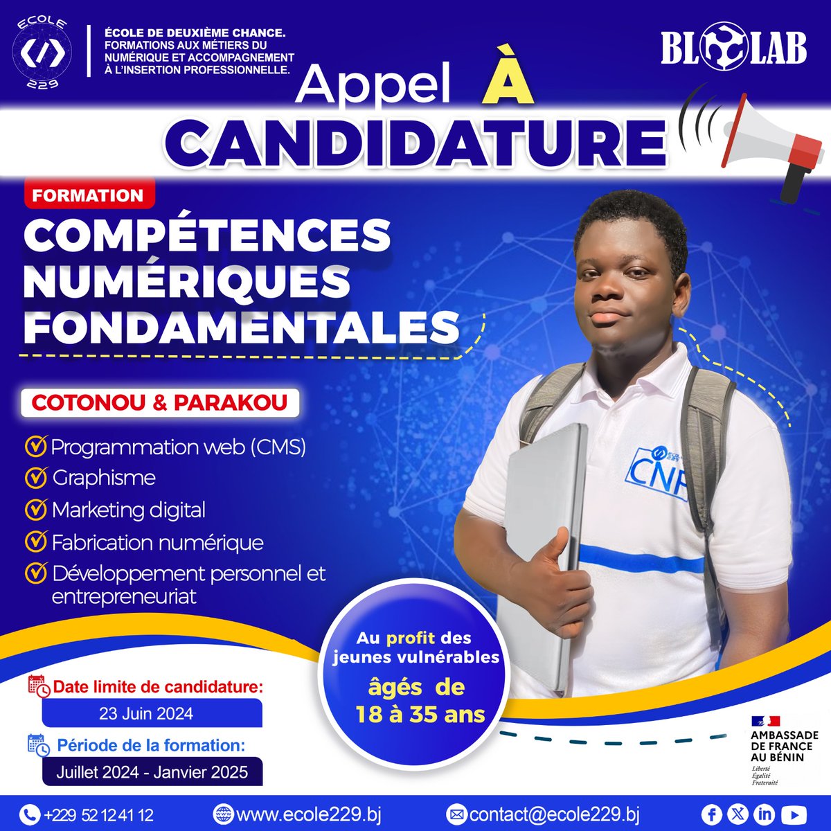 ecole229's tweet photo. Tu as entre 18 et 35 ans ? Tu souhaites t'engager dans un métier du #numérique ? Tu résides à #Cotonou ou #Parakou ? Saisis ta chance en t'inscrivant, avant ce 23/06, pour la cohorte 3 du parcours "Compétences Numériques Fondamentales" : https://t.co/DxHVU4Xyr9
#Ecole229 #BloLab https://t.co/DNde62wPS2