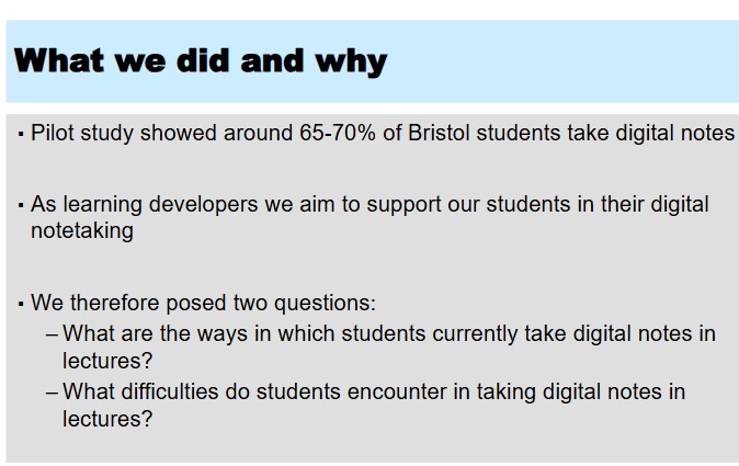 aldinhe_LH's tweet photo. “Everyone is just so furiously typing”: Supporting student choices around digital notetaking in university lectures - #ALDcon24 paper presented by Beckie Arden, Simon Gamble, Jennifer Norris from University of Bristol. #LoveLD https://t.co/u6nFOQLHUo