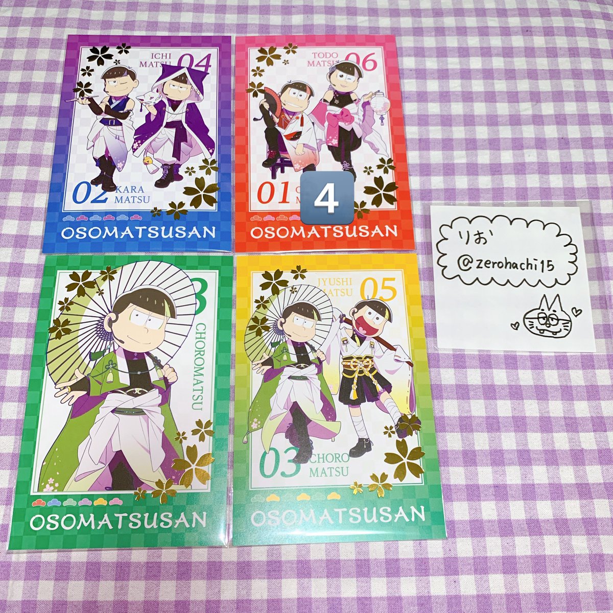 zerohachi15's tweet photo. 【交換・譲渡】おそ松さん まねきねこ 和風アイドル オシアド テシエ

譲
1〜2枚目(カラ松、チョロ松、十四松・トド松、色、紅、若葉)
※紅は4枚あります

求
3枚目(一松、十四松、チョロ松)
定価＋送料(ポスカ紅・若葉のみ)

4枚目に条件等記載
初回お取引希望の方はプロフ欄も合わせてご確認ください https://t.co/IMnkyqiPtE