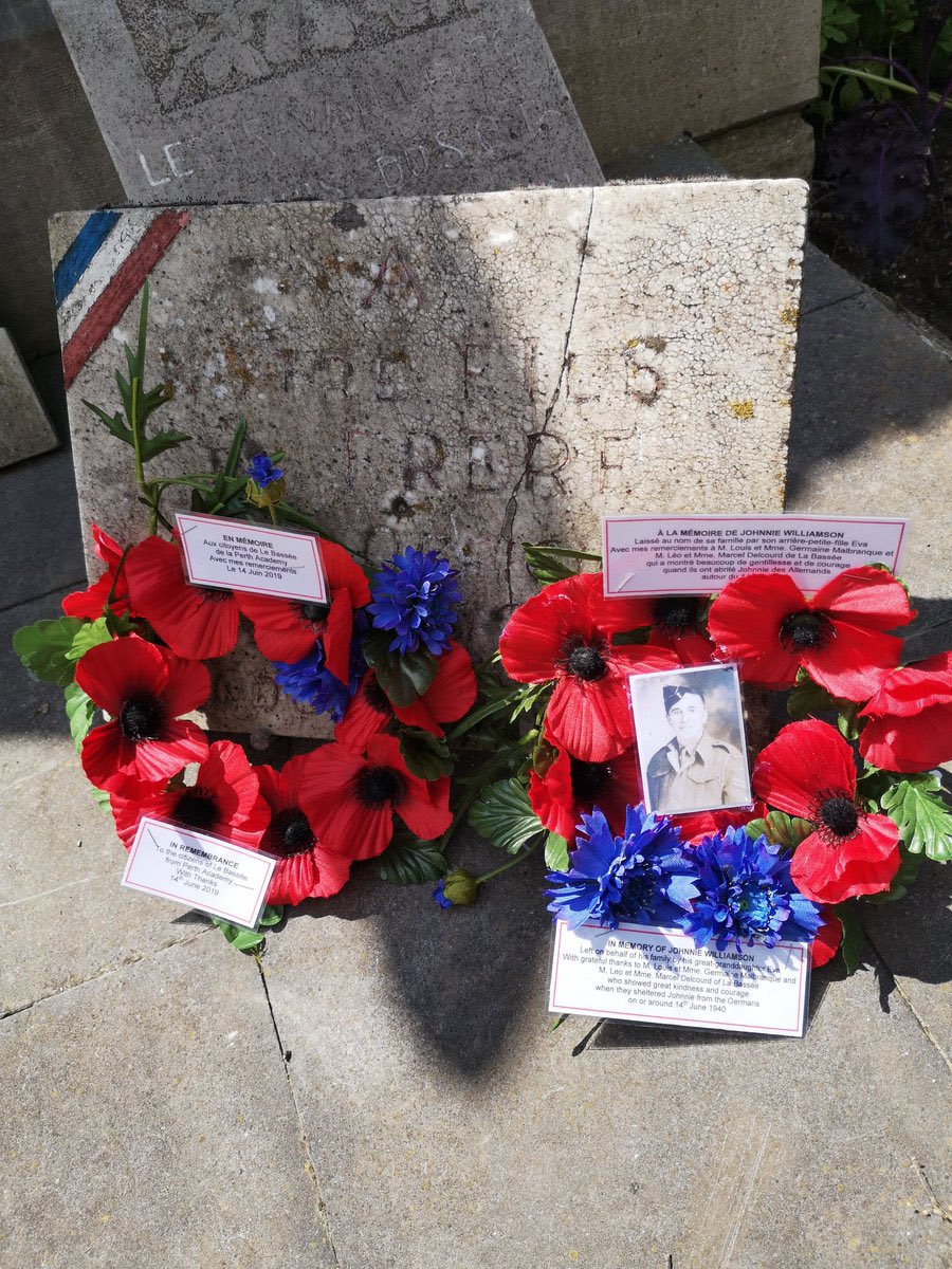 PaMemorial's tweet photo. “Forgotten 51st”. Johnnie Williamson, captured at #StValery, escaped at La Bassée, gave himself up &amp; spent the rest of the war as a POW. 

His g/granddaughter Eva visited La Bassée on the @perthacademy @PAS1FrenchTrip in 2019 to place wreaths &amp; say thank you. #PARemembers https://t.co/p1Mth3c9RJ