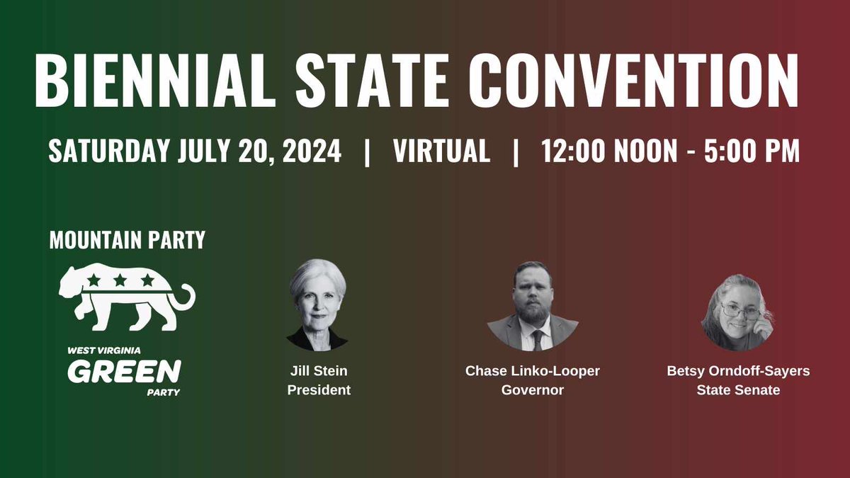 The Mountain Party state convention will be held 7/20 via Zoom. We will elect state executive committee and <a href="/GreenPartyUS/">Green Party US 🌻</a> National Committee members, amend our party platform and bylaws, and nominate general election candidates!