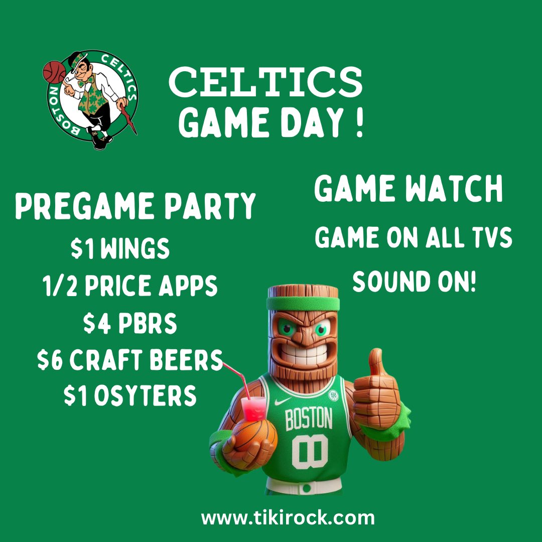 TikiRockBoston's tweet photo. Celtics Watch Party Tonight!

$1 Wings All Day

Pregame 1/2 Price Apps &amp; $1 Oysters 

$4 PBRs &amp; $6 Conehead IPAs All Week! https://t.co/E8cZVVVnoa