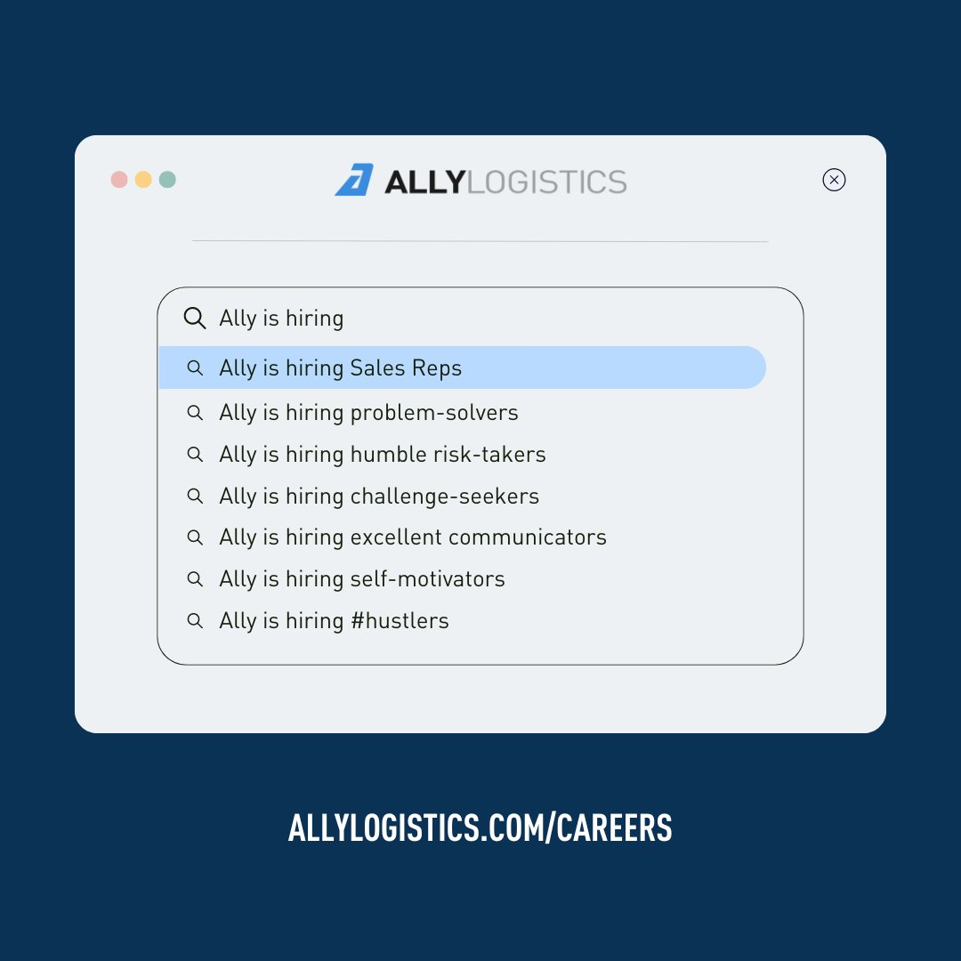 We're hiring Inside Sales Representatives!

You come in with a strong work ethic and a relentless passion for winning, and we'll help you build a rewarding career. Apply today at allylogistics.com/careers!

#hiring #salesreps