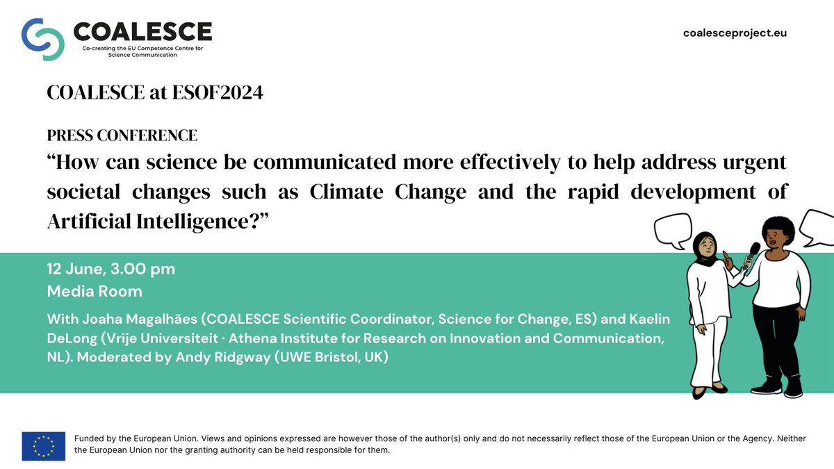 The COALESCE events at <a href="/ESOF_eu/">ESOF</a> continue and it's time for our press conference: in less than 20 minutes, we'll be presenting our policy brief on excellent science communication for urgent societal challenges

⏰ 3.00 pm
📍 Media Room

&gt; zenodo.org/records/110820…
#ESOF2024 #SciComm