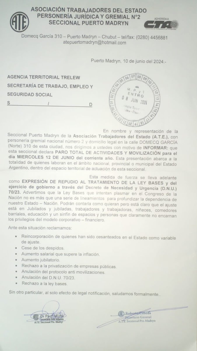 👉🏽Presentación del Paro Total y de Actividades y Movilización para este 12 de junio en repudio al tratamiento de la Ley Bases

🕙A partir de las 10 de la mañana nos encontramos en la Plaza San Martín