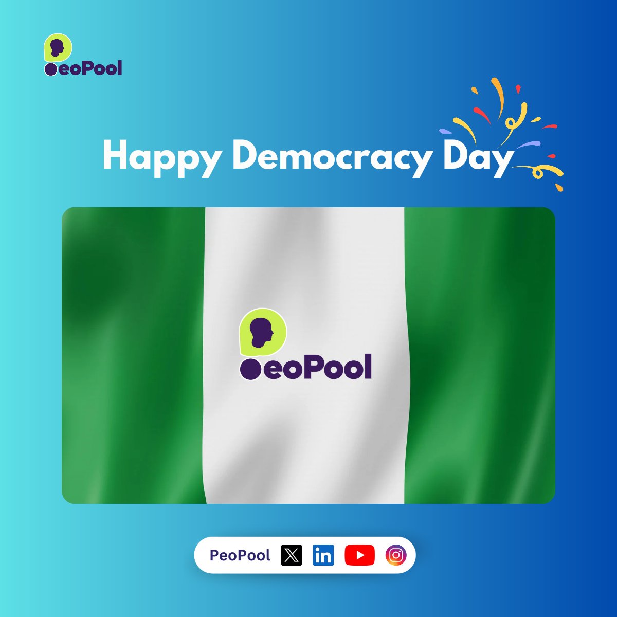 peo_pool's tweet photo. π³π¬ Happy Nigeria Democracy Day! π³π¬
Today, we celebrate our strength, and the limitless potential every Nigerian bring to the table
At PeoPooL, we're proud to empower individuals and enterprises to shape a brighter future for Nigeria and Africa.
#DemocracyDay #Nigeria #PEOPOOL https://t.co/VrNiQwBrsA