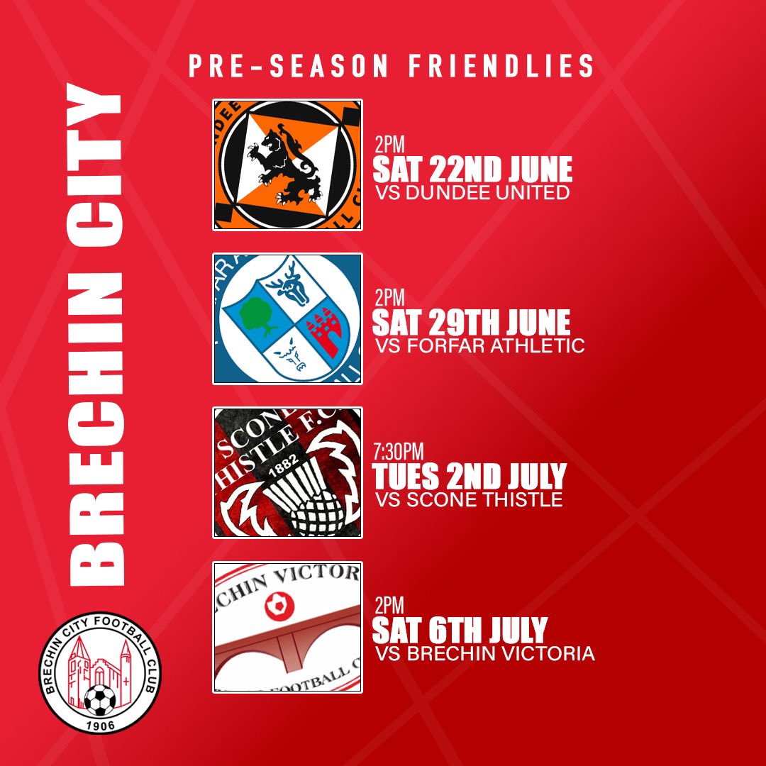 Brechin City FC (@brechincityfc) on Twitter photo ποΈ Here is our full pre-season schedule ahead of the competition action starting in a months time.
We start with the visit of Premiership side <a href="/dundeeunitedfc/">Dundee United FC</a> on Saturday 22nd June followed by further home fixtures against <a href="/ForfarAthletic/">Forfar Athletic</a>, <a href="/SconeThistleFC/">Scone Thistle FC</a> and <a href="/BrechinVics/">Brechin Victoria JFC</a>. ποΈ Here is our full pre-season schedule ahead of the competition action starting in a months time.
We start with the visit of Premiership side <a href="/dundeeunitedfc/">Dundee United FC</a> on Saturday 22nd June followed by further home fixtures against <a href="/ForfarAthletic/">Forfar Athletic</a>, <a href="/SconeThistleFC/">Scone Thistle FC</a> and <a href="/BrechinVics/">Brechin Victoria JFC</a>.