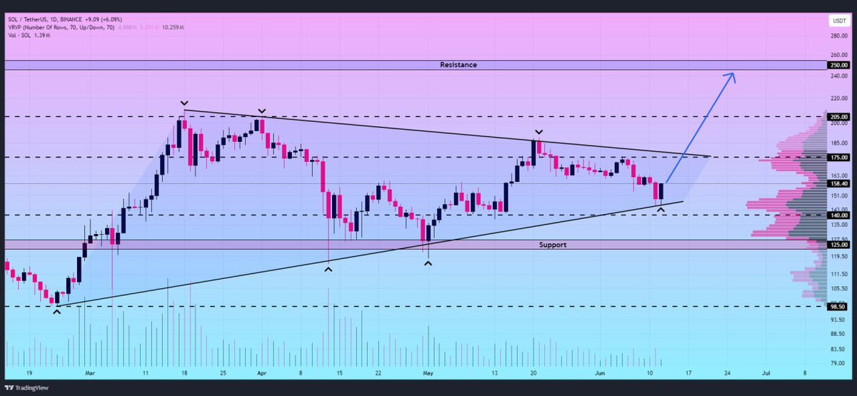 #SOL 🪙

The bullish pennant pattern on the daily timeframe is primed for a breakout after a bounce from ascending support 👀

🚀 Anticipating a strong bullish trend ahead with targets at:

🔺 $175
🔺 $205
🔺 $250

Thoughts? 💭👇

#Crypto #Altcoins