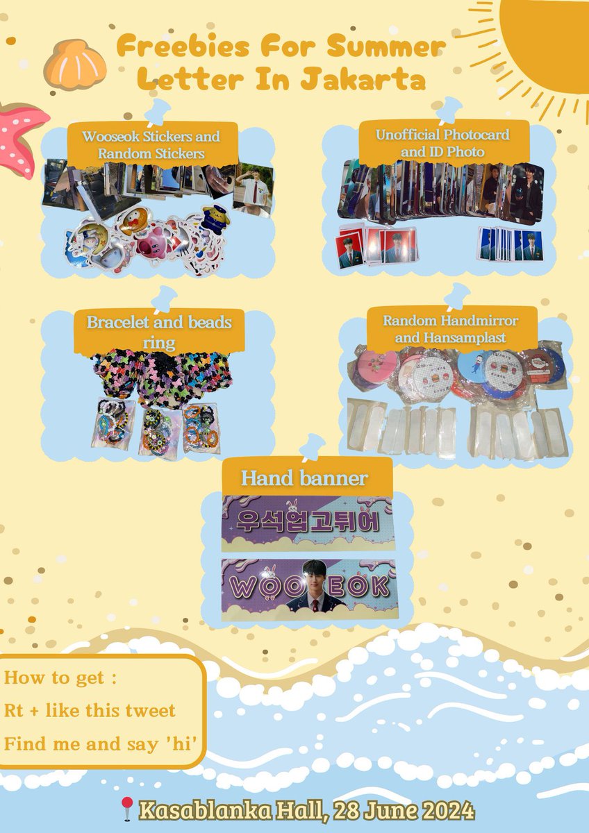 moonsaangmin's tweet photo. ⋆𐙚₊˚⊹♡ BYEON WOOSEOK FANMEETING : SUMMER LETTER IN JAKARTA FREEBIES ⋆𐙚₊˚⊹♡
ᯓᡣ𐭩 by @moonsaangmin

🗓️ Friday, 28 June 2024
📍 The Kasablanka Hall
ᝰ.ᐟ Limited Quantity!

How to get?
Rt + like this tweet
Find me and say 'hi'

Please tag me on X if you get! See u there! https://t.co/WBWAy5KTug