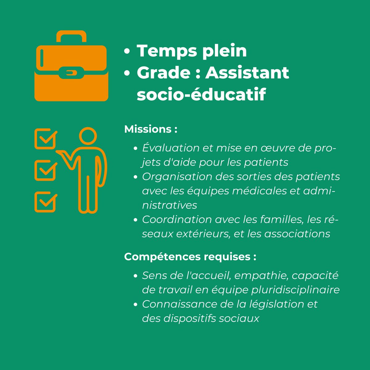aphm_actu's tweet photo. 🔹 Missions : évaluation des besoins des patients, organisation des sorties, coordination avec les familles et réseaux.
🔹 Compétences : accueil, empathie, législation sociale.
#AssistantSocial #Emploi