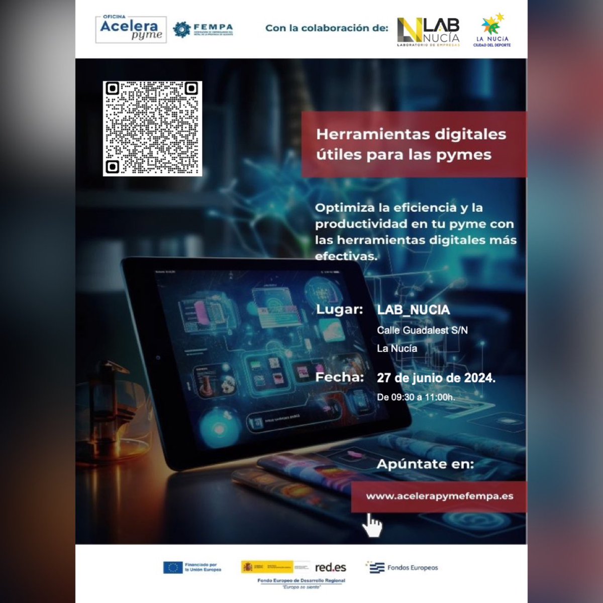 🚀 Mañana arrancan las Jornadas de #Digitalización!

1️⃣ ChatGPT: 
📆13 de Junio, de 09:30 a 11:00h.
2️⃣ Redes Sociales: 
📆 20 de Junio, de 09:30 a 11:00h.
3️⃣ Herramientas Digitales: 
📆27 de junio, de 09:30h a 11:00h.

✍🏻Inscripciones: lab.lanucia.es/lab-nucia/even…

#MadeByLaNucia