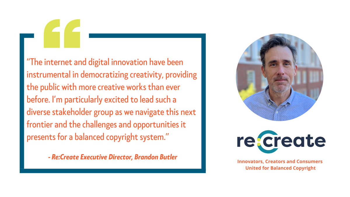 Re:Create Coalition is excited to announce that <a href="/bc_butler/">Brandon Butler</a> has joined as the new Executive Director! With Brandon’s expertise as a copyright lawyer Re:Create is eager to continue advocate for policies that support innovators, consumers &amp; creators recreatecoalition.org/press_release/…