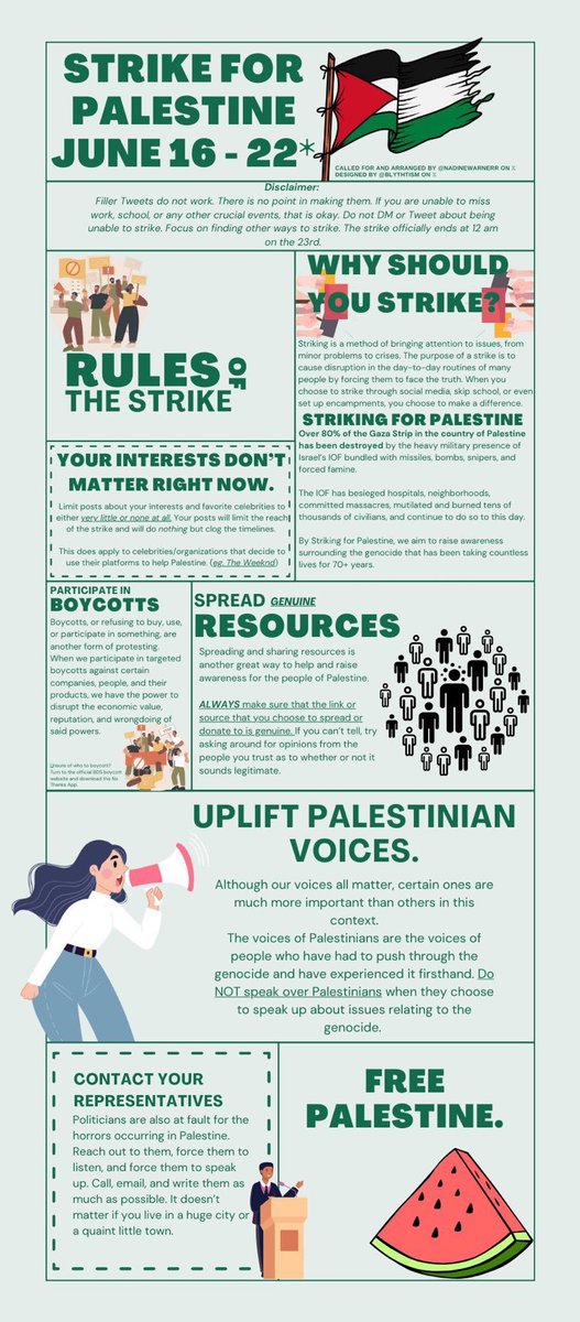 lenamiusgf's tweet photo. reminder. there is a strike for palestine from 16th june to 22nd june. the strike will officially end on the 23rd june. please participate if you want to and use your platforms and voice to show your support for palestine. https://t.co/OSoGFuLBwE