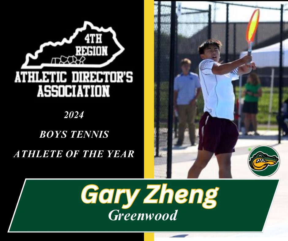 4th Region Athletic Directors Association (@4thregionads) on Twitter photo The <a href="/4thRegionADs/">4th Region Athletic Directors Association</a> Boys Tennis Athlete of the Year goes to Gary Zheng of <a href="/GHSGatorSports/">Greenwood Gators Athletics</a> . Congratulations on a great season Gary and good luck in your future endeavors! The <a href="/4thRegionADs/">4th Region Athletic Directors Association</a> Boys Tennis Athlete of the Year goes to Gary Zheng of <a href="/GHSGatorSports/">Greenwood Gators Athletics</a> . Congratulations on a great season Gary and good luck in your future endeavors!