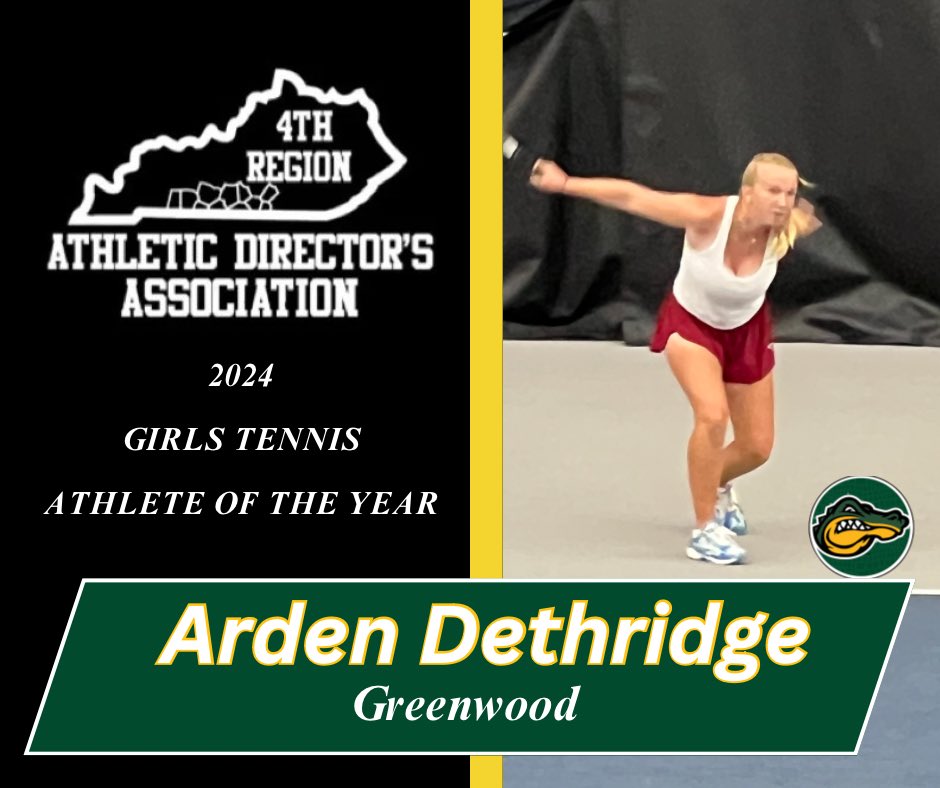 4th Region Athletic Directors Association (@4thregionads) on Twitter photo The <a href="/4thRegionADs/">4th Region Athletic Directors Association</a> Girls Tennis Athlete of the Year goes to Arden Dethridge of <a href="/GHSGatorSports/">Greenwood Gators Athletics</a> . Congratulations on a great season Arden and good luck in your future endeavors! The <a href="/4thRegionADs/">4th Region Athletic Directors Association</a> Girls Tennis Athlete of the Year goes to Arden Dethridge of <a href="/GHSGatorSports/">Greenwood Gators Athletics</a> . Congratulations on a great season Arden and good luck in your future endeavors!
