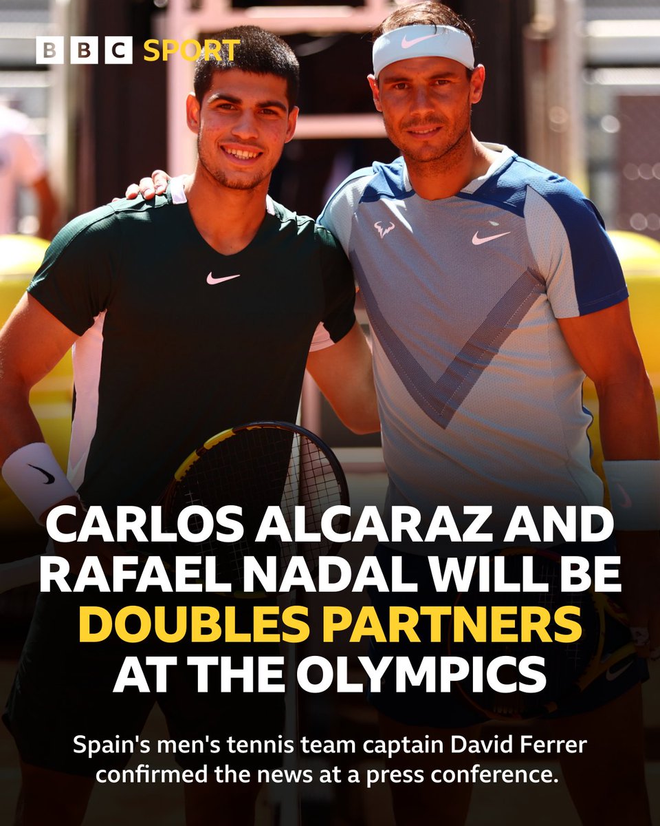 BBCSport's tweet photo. Carlos Alcaraz 🤝 Rafa Nadal

Watch out #Paris2024, the kings of clay are coming 👑👑 https://t.co/1Yy4IiT875