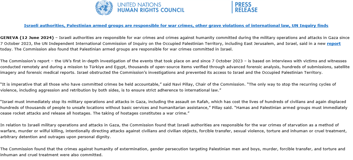 NoticiasONU's tweet photo. 🔴Las autoridades israelíes son responsables de crímenes de guerra y crímenes de lesa humanidad  en #Gaza, concluyó una comisión de investigación de la ONU.
 
Los grupos armados palestinos son responsables de crímenes de guerra en #Israel. https://t.co/nqWOlcAtmb