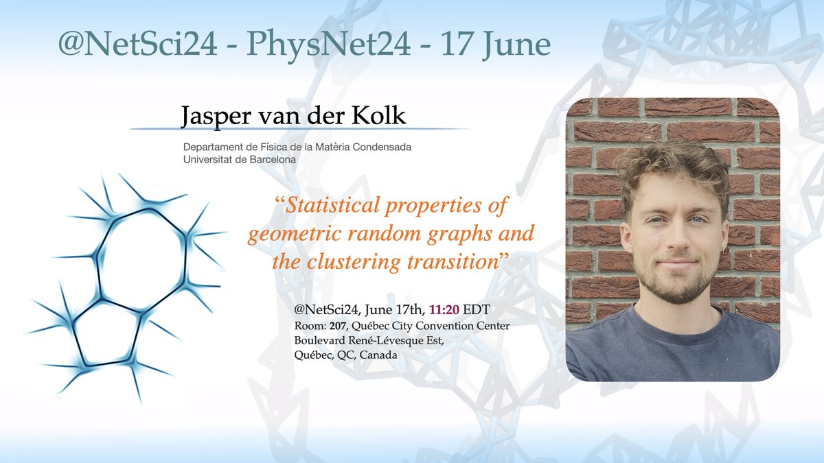 ivanbonamassa's tweet photo. 📣PhysNet2 Satellite @NetSciConf 📣
Join us next Monday 17 at 9am. We will also talk about network geometric aspects, such as topological phase transitions occurring in random geometric graphs. @j_vanderkolk will present his recent work on this topic! #physnet24 https://t.co/oNH97Fls8Z