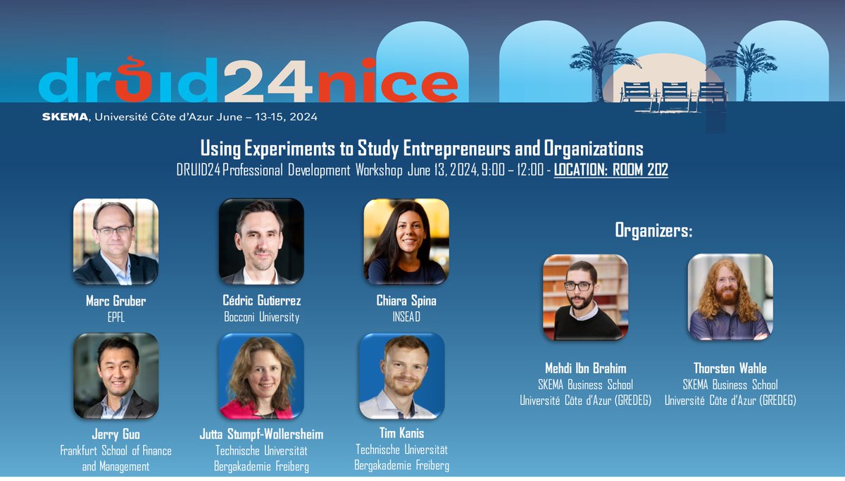 #DRUID24 is about to start! Join us in #Nice for the #DRUID PDW on Using Experiments to Study Entrepreneurs and Organizations on June 13 from 9AM-12PM! <a href="/jerry_guo/">Jerry Guo</a> <a href="/spinachiara1/">CSpina</a> <a href="/MehdiIbnBrahim/">Mehdi Ibn Brahim</a> Marc Gruber Tim Kanis Cedric Gutierrez Moreno Jutta Stumpf-Wollersheim