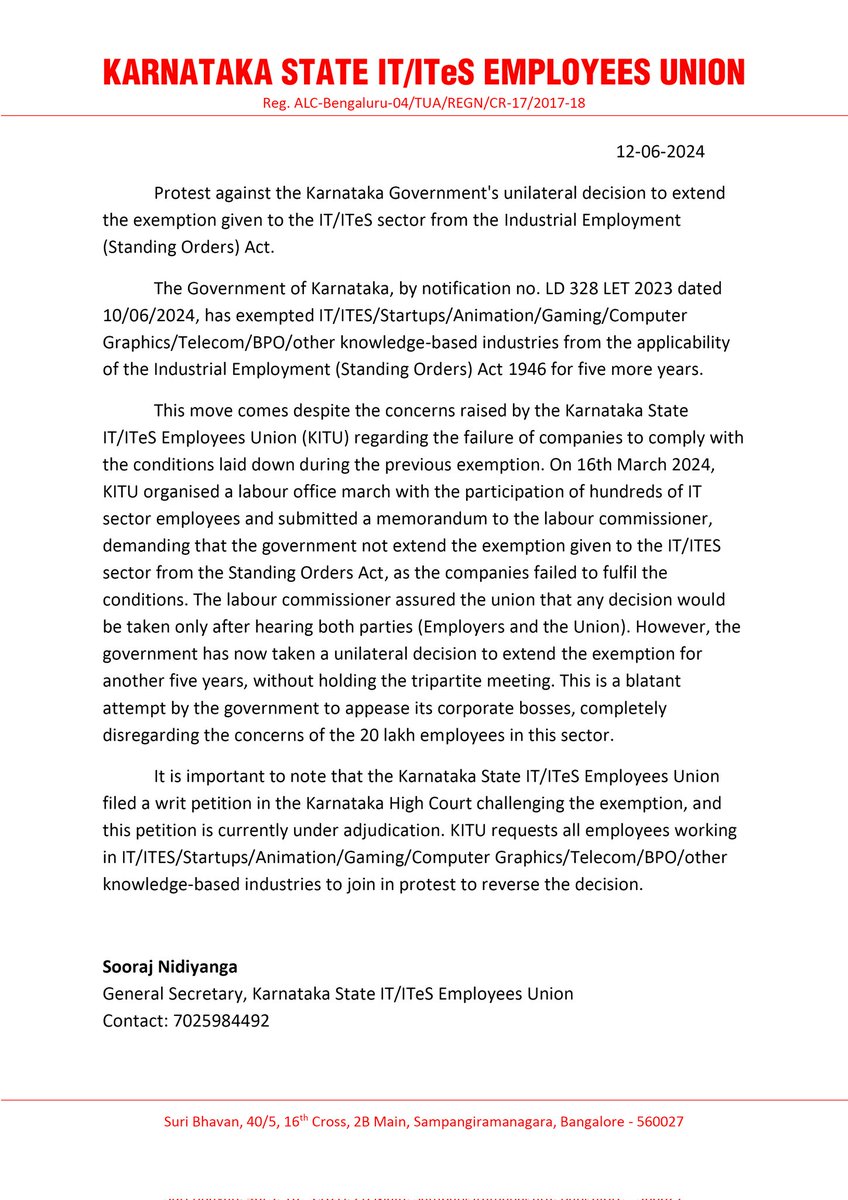 kitu_hq's tweet photo. Protest against the Karnataka Govt's unilateral decision to extend the exemption given to IT/ITeS sector from the IE(SO) Act.

This is a blatant attempt by the government to appease its corporate bosses, completely disregarding the concerns of the 20 lakh employees in this sector https://t.co/ErwYr3Q67A