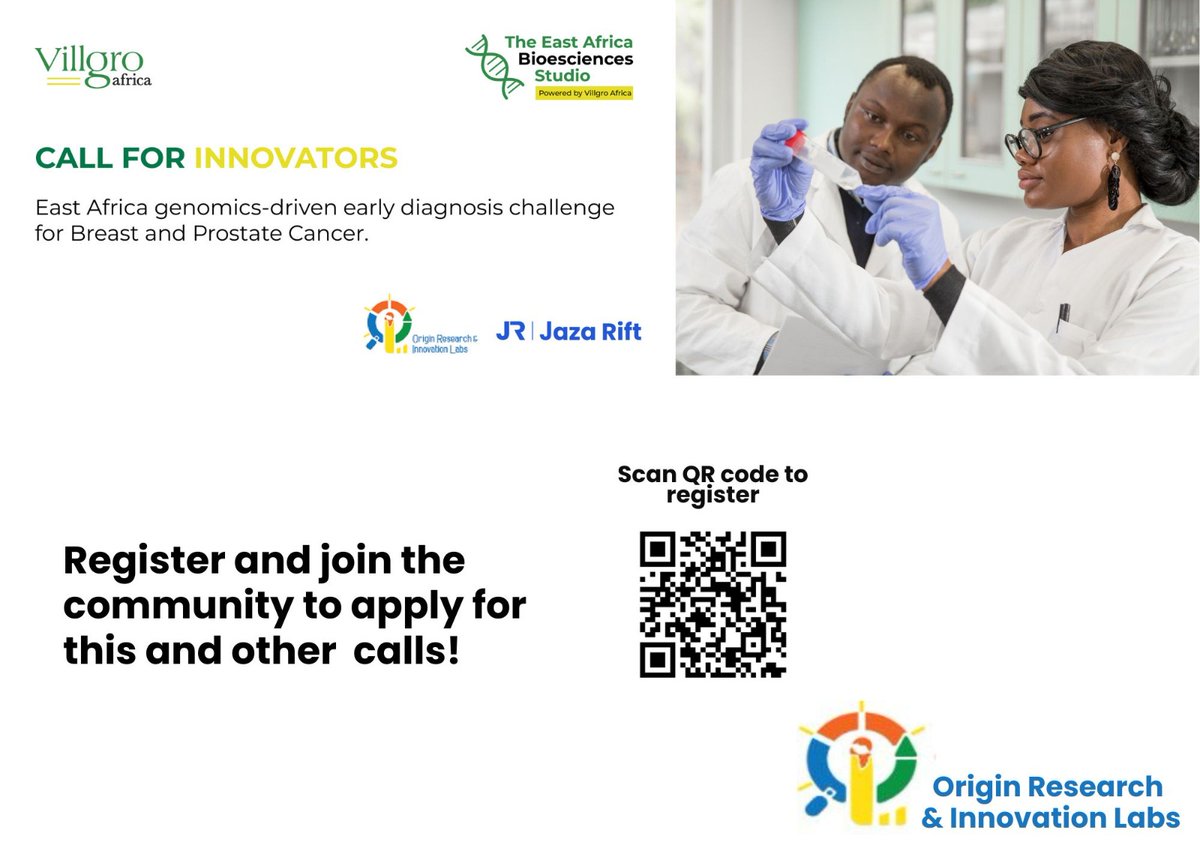 Origin_labs_'s tweet photo. Attention Innovators! 

Are you passionate about advancing early diagnosis of breast and prostate cancer in East Africa? Join the East Africa BioSciences Studio in tackling these critical health challenges with cutting-edge genomics. 

 #CancerResearch #EastAfrica #Genomics https://t.co/J06ANiBDqR