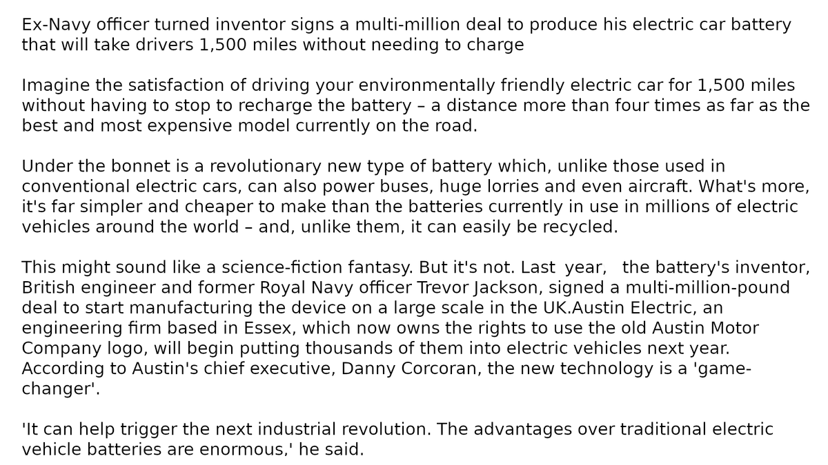 BarryBscho's tweet photo. Why are the parties not promoting a battery that does not blow up 10% lighter than Li-ion and you can Travel 1500 miles on one battery. https://t.co/p0YaaF2uZb