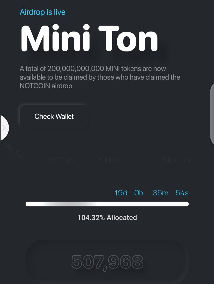 alaoharyoolah's tweet photo. A total of 200,000,000,000 MINI tokens are now available to be claimed by those who have claimed the NOTCOIN airdrop.

My own allocation is 507,968

🖥Check Your Allocation 👇👇

https://t.co/v6NRbv3EGn

🔥 Claim Airdrop After Countdow

#TON #miniton #notcoin https://t.co/0bxa3AchtP