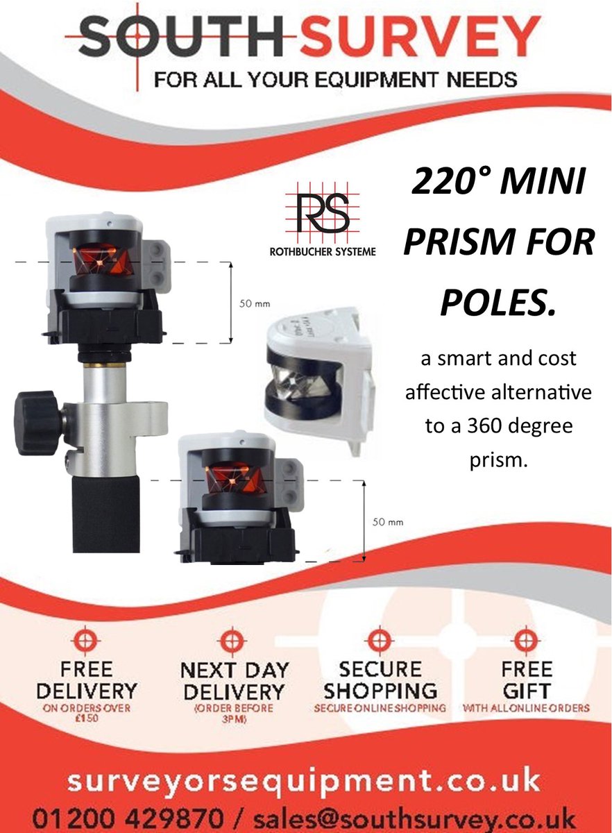 This 220° mini prism consists of the RSMP480 220 degree mini prism along with a 5/8 Adapter to fit on your survey pole making this a smart and cost affective alternative to a 360 degree prism.
surveyorsequipment.co.uk/220-degree-pri…