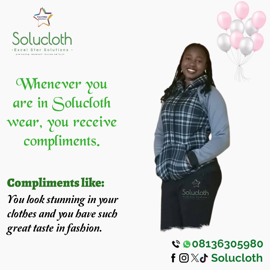 Solucloth's tweet photo. Whenever you are in Solucloth wear, you will receive compliments.
Compliments like: you look stunning in your clothes and you have such great taste in fashion.
Solucloth is the one-stop place for all your clothing needs.
#compliments
#solucloth
#excelstarsolution https://t.co/hDHCEZ6acy