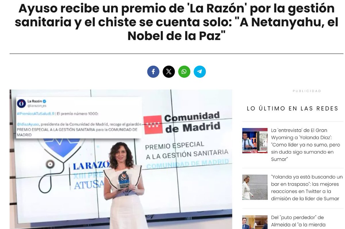 MorenoG_Agustin's tweet photo. UNA GRAN BURLA
Ayuso recibe un premio a la gestión sanitaria de La Razón (periódico que subvenciona), de manos de una subordinada (consejera de Sanidad de Comunidad de Madrid), patrocinado por la privada Quirón (con la que hace negocios su novio)
#NoOlvidamos7291 #SanidadPública https://t.co/1nhyOCNANZ