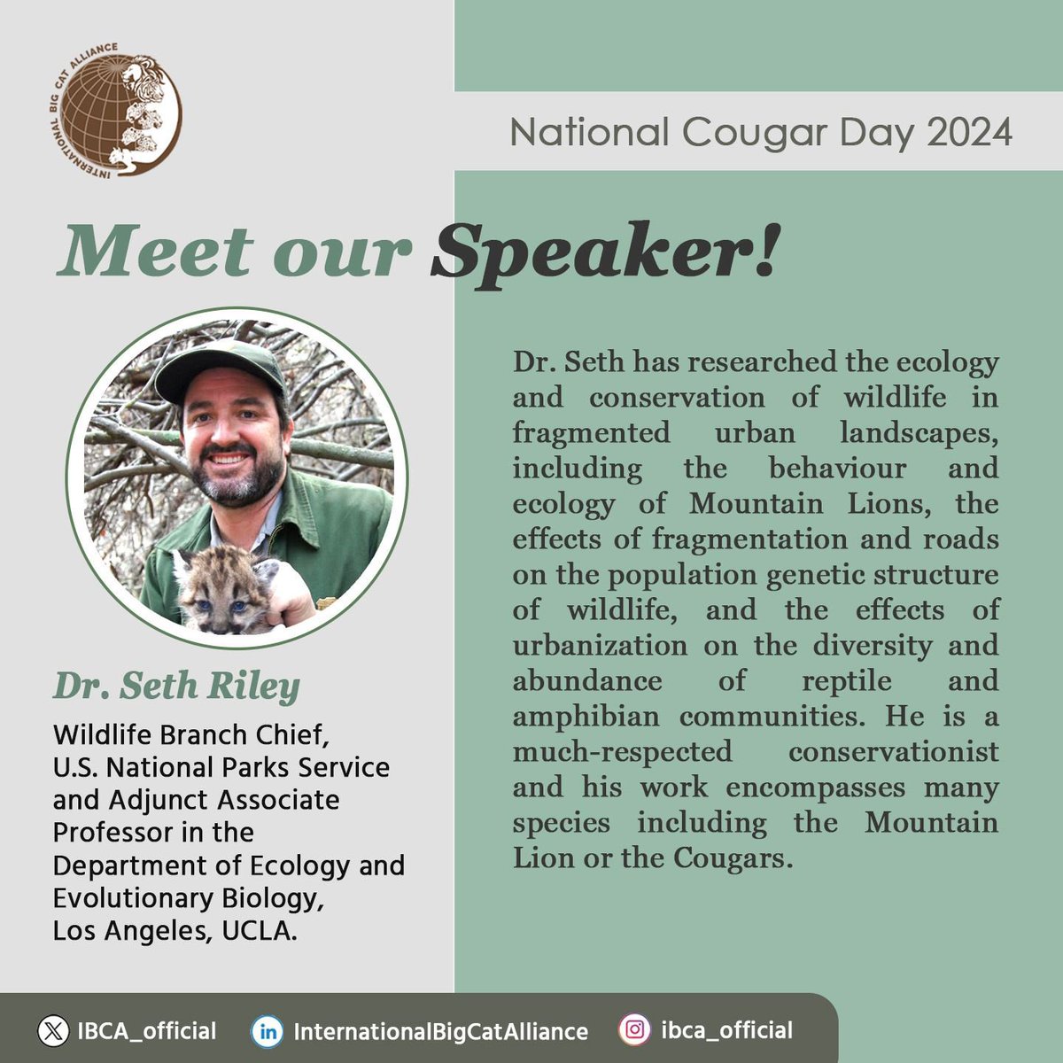 Meet our speaker, Dr. Seth Riley. 

He is the Wildlife Branch Chief, U.S. National Parks Service and Adjunct Associate Professor in the Department of Ecology and Evolutionary Biology, <a href="/UCLA/">UCLA</a> 

🗓️12th June, 2024
🕖7 pm- 8pm (IST) &amp; 9:30 am- 10:30 am (EDT) 
🔗zoom.us/j/97891118606