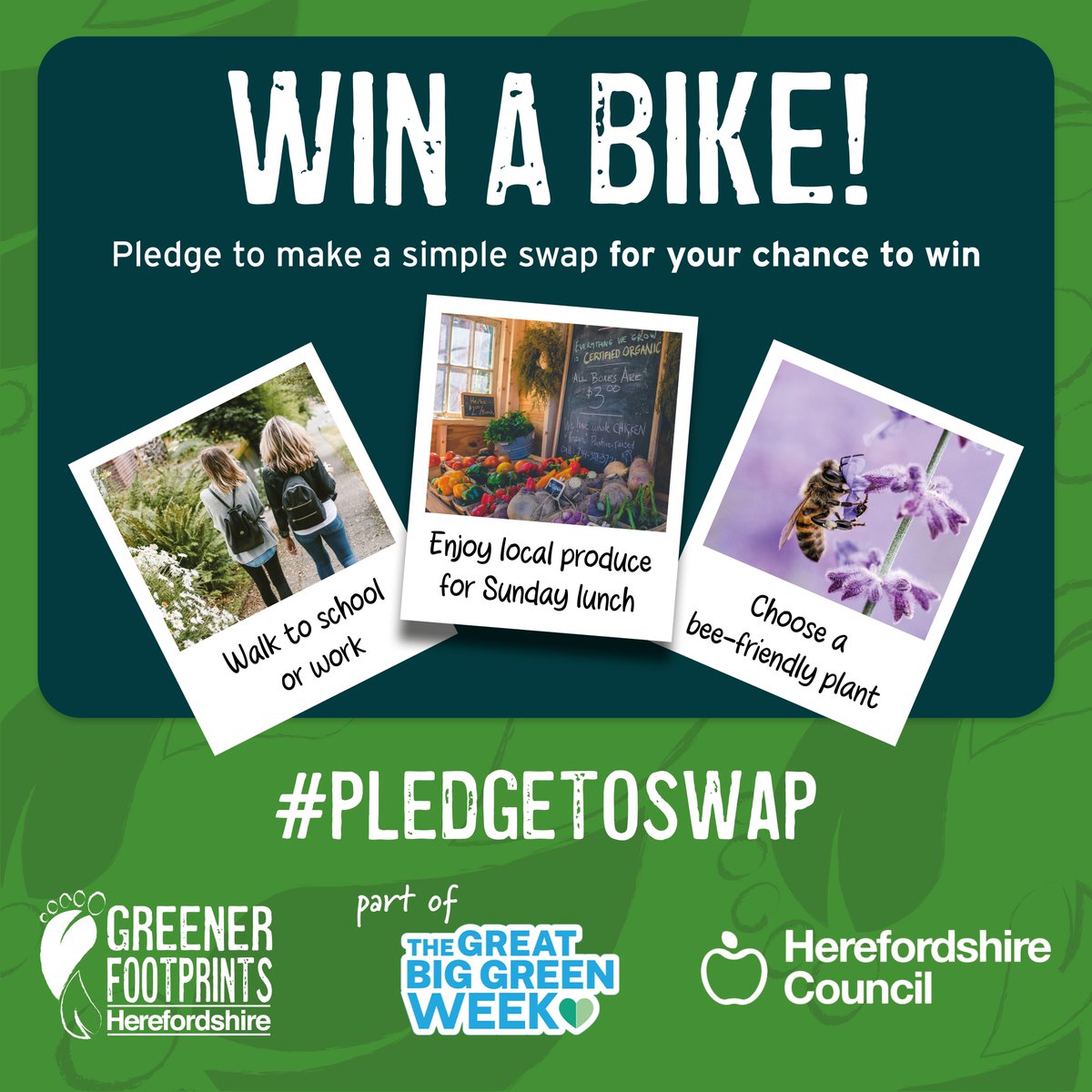 #SwapTogether during #GreenerFootprints Week for a chance to win a bike! Whether you are swapping new for preloved or gravel for grass, there are lots of simple changes you can make to help the environment.

To enter, simply make a #PledgeToSwap at zerocarbon.herefordshire.gov.uk/make-a-pledge/ T&amp;Cs