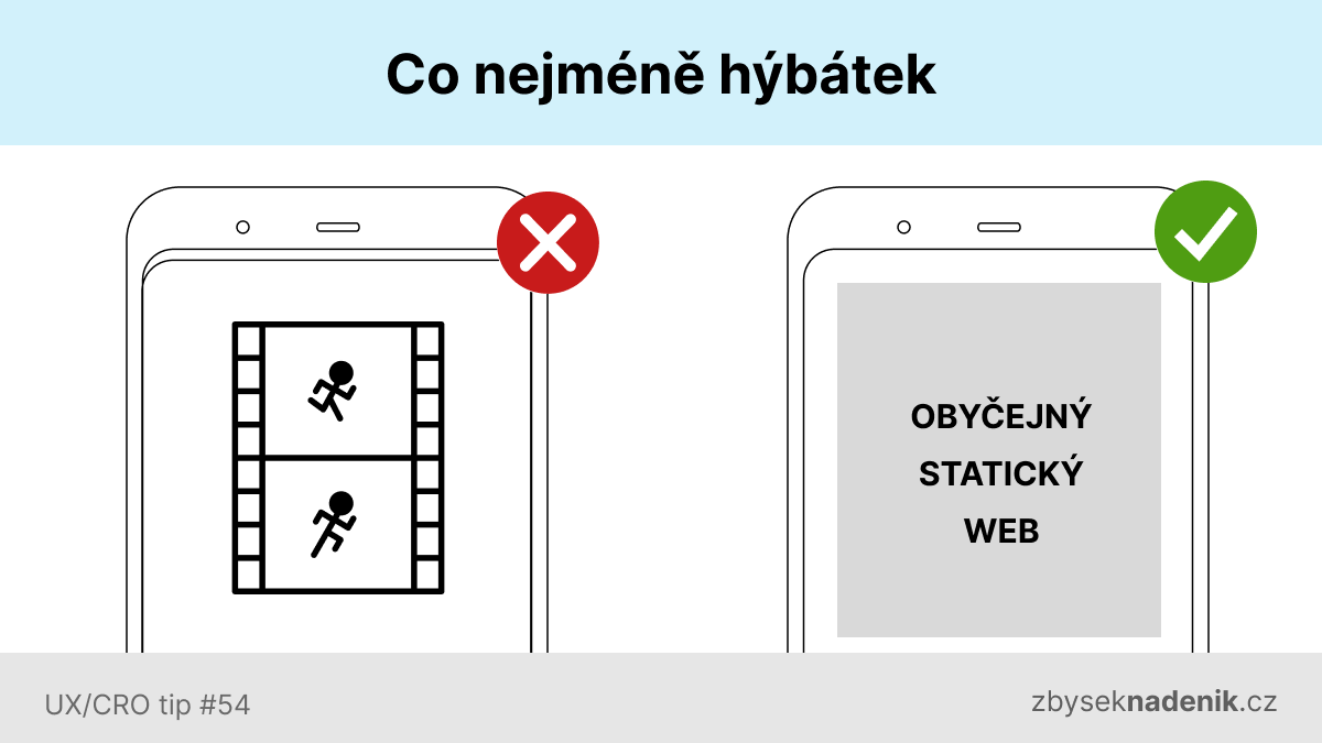 zbysek's tweet photo. Pseudo-cool animace po najetí myší, parallaxy, real-time načítání čísílek, hýbací pozadí a mnoho dalších efektů.

Viděl jsem i padající sněhové vločky. Vločky, přes které nešlo kliknout na navigaci.

Všechno je v 95 % případů bordel.

Nemějte ho na vašem webu.

#UX / CRO tip https://t.co/BkXjD3bDqC