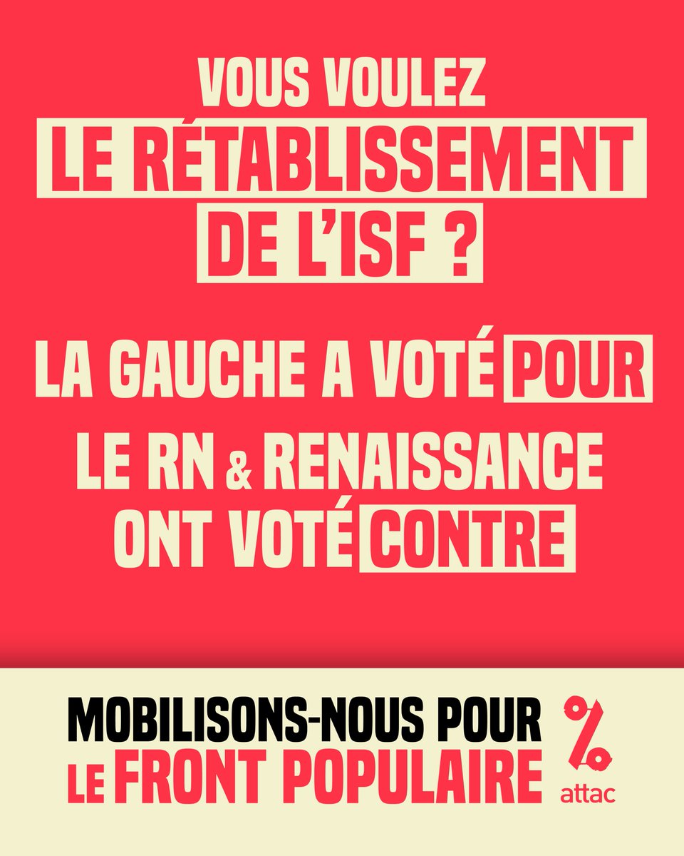 Vous voulez le rétablissement de l'ISF ? 

La gauche a voté POUR.
Le RN et Renaissance ont voté CONTRE.

Mobilisons nous pour le #FrontPopulaire 🔥