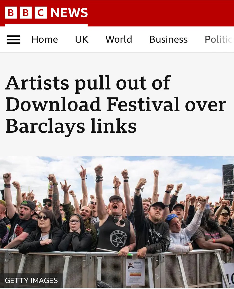 There is a momentous shift happening right now💥

Public opinion is quickly turning on <a href="/Barclays/">Barclays Bank</a> because of its funding of Israeli arms &amp; fossil fuels, as artists boycott the bank <a href="/DownloadFest/">Download Festival</a> 

Barclays could be a leader &amp; reverse course if it wanted to bbc.com/news/articles/…