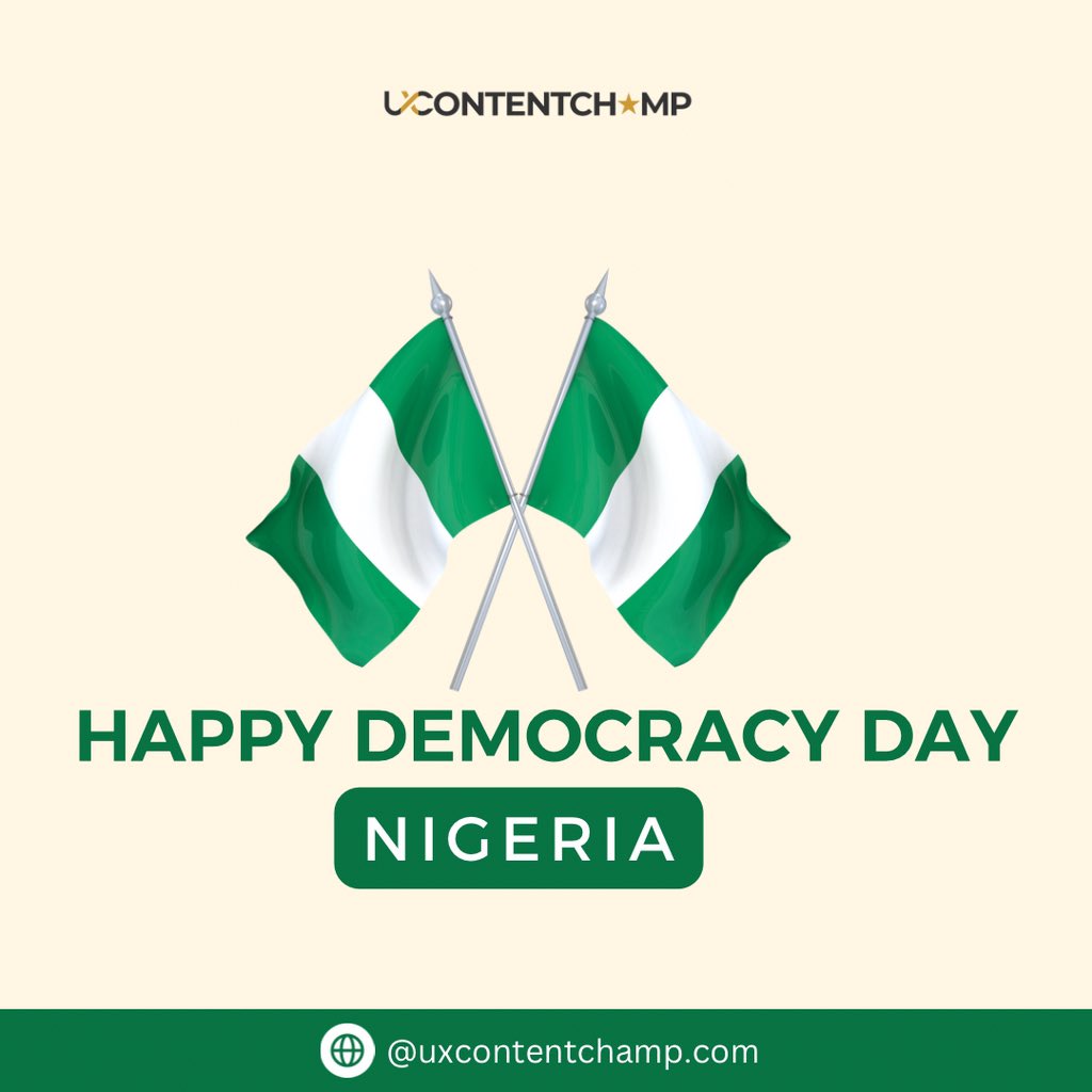 uxcontentchamp's tweet photo. Happy Democracy Day, Nigeria! 🇳🇬 🇳🇬🇳🇬 

#democracy #democracyday #nigeria #nigeriademocracy #democracynow #happydemocracyday #uxcontentchamp #uxcommunity https://t.co/8tZ8zBByHc