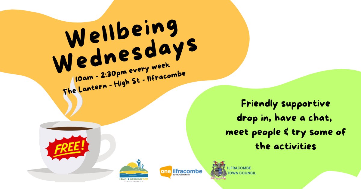 📣TODAY - It's Wellbeing Wednesday

📍 The Lantern Ilfracombe High St
🕐 10am - 2:30pm
📆 Every Wednesday

Friendly supportive drop in sessions.

Have a chat, meet people and try some activities with FREE tea and coffee.