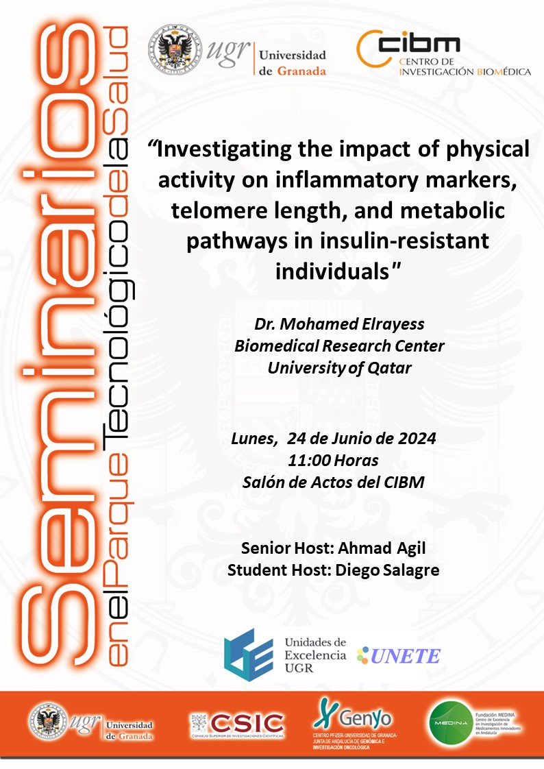 UNETE_UGR's tweet photo. 📅📌We're thrilled to host Dr. Mohamed Elrayess from Qatar Univ. on June 24 at 11:00 AM in the CIBM auditorium! Don't miss his exciting talk on the impact of physical activity in insulin-resistant individuals. Be there! @CanalUGR @CIBM_UGR @QatarUniversity @FundacionPTS https://t.co/qP3ITGmntq