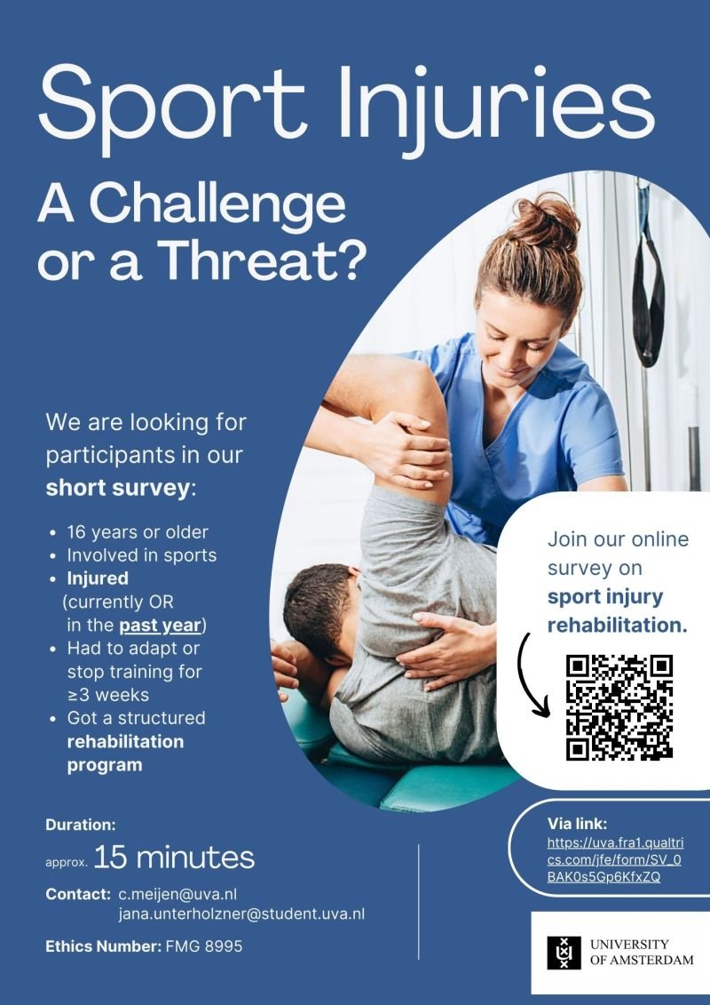 Looking for participants! Are you involved in sport? Are you currently injured, or have you had an injury in the last 12 months and you had to adapt training or completely stopped playing your sport? Here is the link: uva.fra1.qualtrics.com/jfe/form/SV_0B… 
Please share 🙏