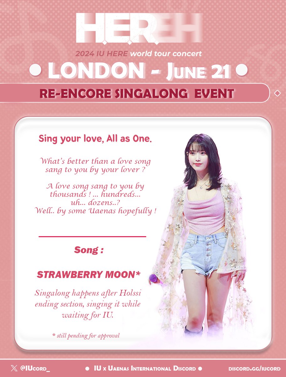 IUcord_'s tweet photo. 🟥IU CONCERT IN LONDON EVENT #1🟥

Uaenas, do you know a special moon rise up in the sky every June ? Yes, the Strawberry Moon will be above us for this concert !❤️

Find details about dress code and singalong event below. Please share and prepare yourself to join! 

#IU #HEREH https://t.co/5D3WHxEpBX