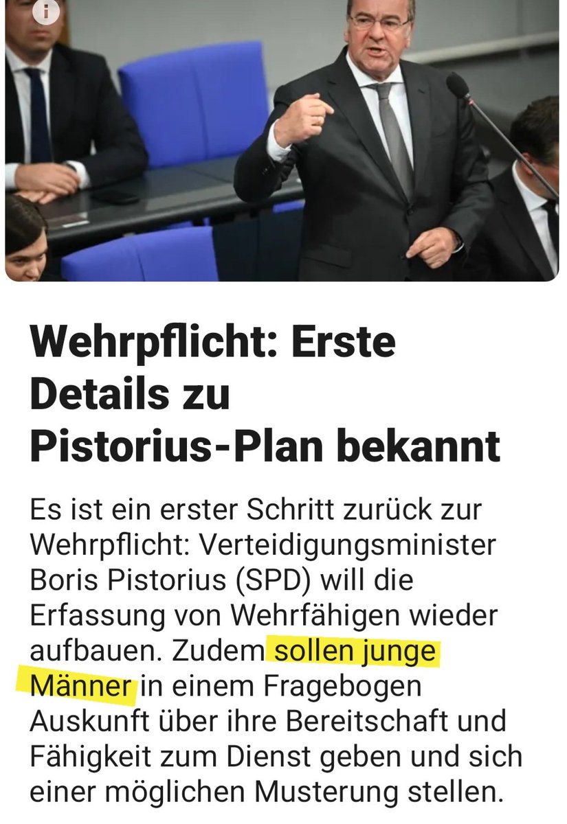 Überall wird eine Frauenquote wegen "Geschlechtergerechtigkeit" eingeführt. 
Es wird gegendert was das Zeug hält, aber wenn es ums Verrecken im Schützengraben geht, dann sind doch wieder nur MÄNNER gefragt!
Daran erkennt man die ganze widerwärtige Heuchelei! 😤
#Wehrpflicht