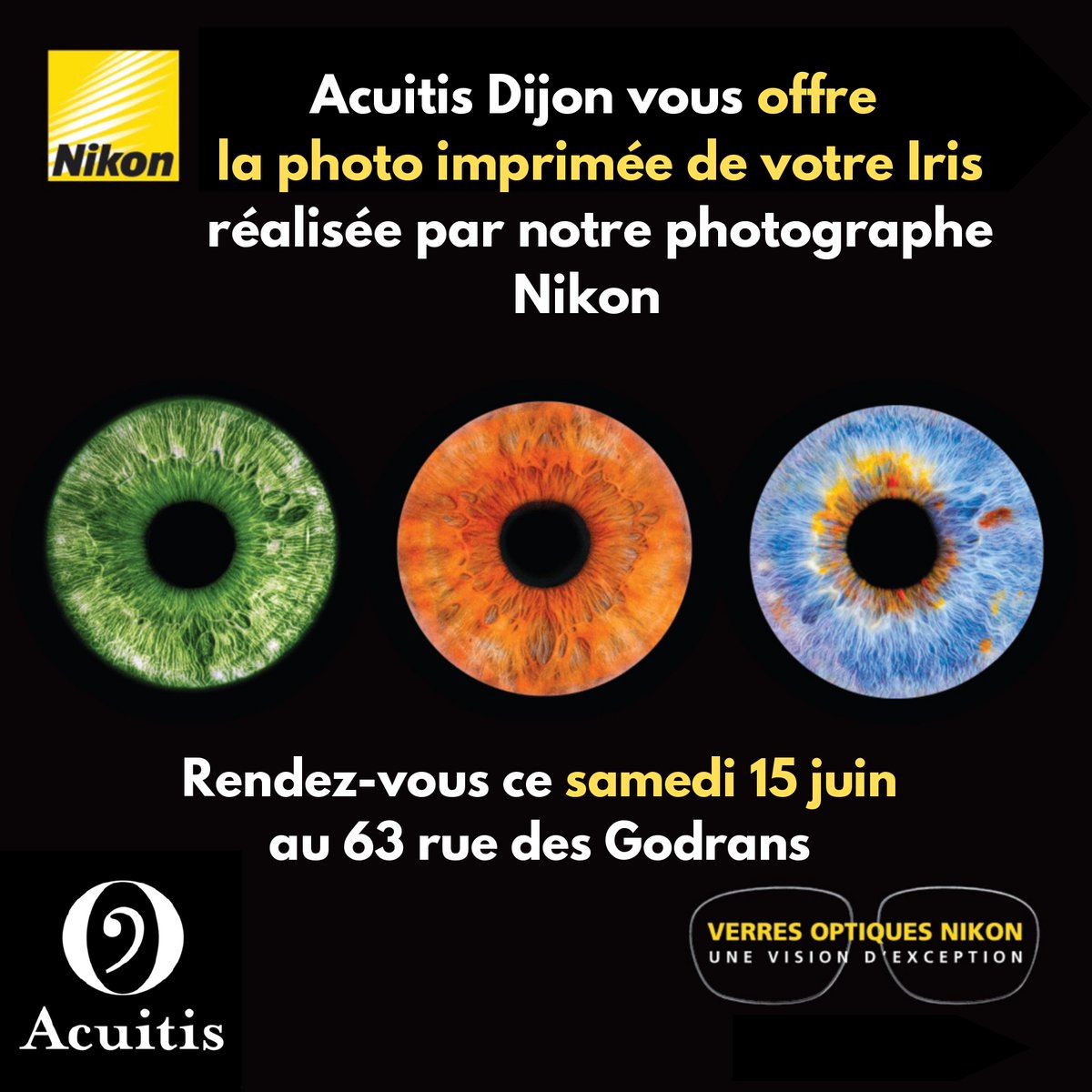 Acuitis Dijon vous donne rendez-vous ce samedi 15 juin au 63 rue des Godrans pour profiter d'un corner vous permettant de bénéficier d'une photo imprimée de votre Iris !
N'hésitez pas à profiter de cet événement 📷