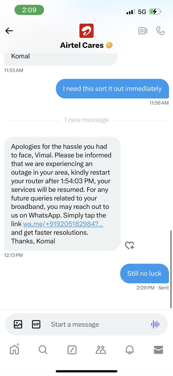 IM_VML's tweet photo. @Airtel_Presence Shall I sit , check and chat with you frequently for your msgs on scheduled timing you mentioned me to restart your router and check,making me irritate @airtelindia @Airtel_Presence @airtelnews https://t.co/PK21PyHM7Y