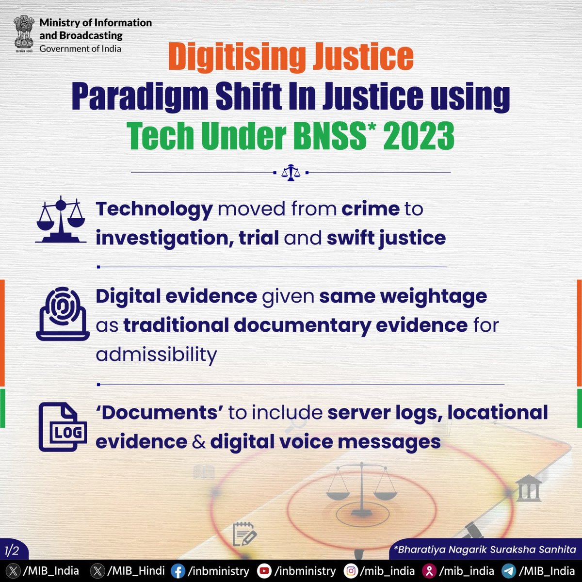 DDNewslive's tweet photo. New #CriminalLaws - #DigitisingJustice!
➡️Paradigm Shift In Justice using Tech Under BNSS 2023:
🔷Technology moved from crime to investigation, trial and swift justice
🔷Digital evidence given same weightage as traditional documentary evidence for admissibility
🔷'Documents' to include server logs, locational evidence & digital voice messages
#DigitalIndia #NewCriminalLaws #BNS #BNSS #BSA
@MIB_India @PIBHomeAffairs @PIB_India