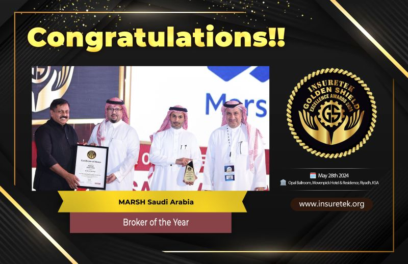 🎉 Congratulations to <a href="/MarshGlobal/">Marsh</a>  Middle East and Africa for winning the prestigious 𝐁𝐫𝐨𝐤𝐞𝐫 𝐨𝐟 𝐭𝐡𝐞 𝐘𝐞𝐚𝐫 Award at the 𝐈𝐧𝐬𝐮𝐫𝐞𝐓𝐞𝐤 𝐆𝐨𝐥𝐝𝐞𝐧 𝐒𝐡𝐢𝐞𝐥𝐝 𝐄𝐱𝐜𝐞𝐥𝐥𝐞𝐧𝐜𝐞 𝐀𝐰𝐚𝐫𝐝𝐬 𝟐𝟎𝟐𝟒 in 𝐒𝐚𝐮𝐝𝐢 𝐀𝐫𝐚𝐛𝐢𝐚!